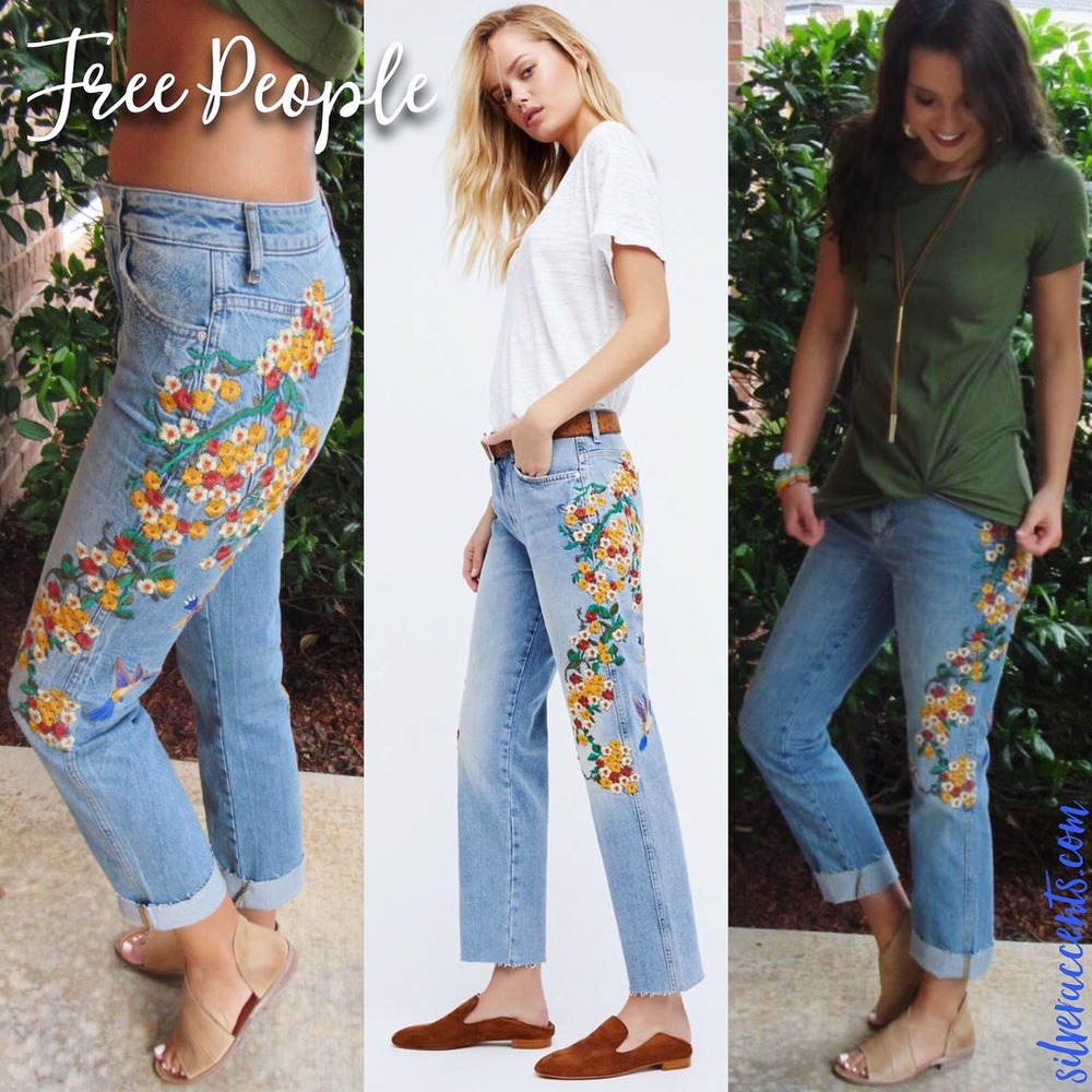 Free People Embroidered Floral Jeans